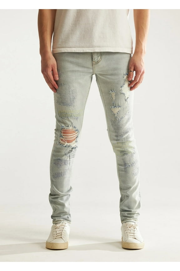 Men's Rip & Repair Distressed Skinny Fit Stretch Denim Jeans (42, Light Blue)