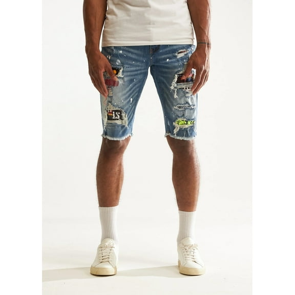 Embellish NYC Men's Rip & Repair Patchwork Distressed Skinny Denim Jean Shorts (30, Blue Stonewashed)
