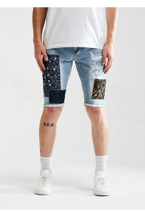 Men's Rip & Repair Patchwork Distressed Skinny Denim Jean Shorts (38, Blue Stonewashed)