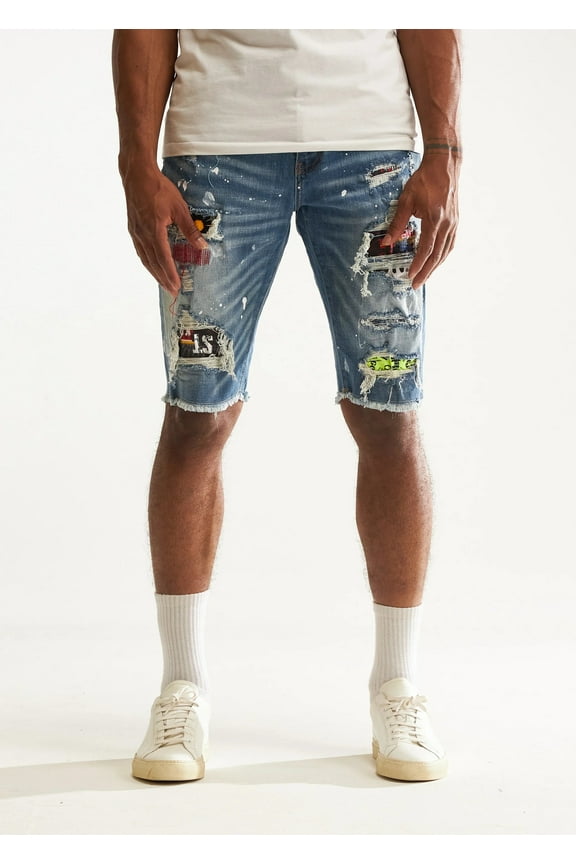 Men's Rip & Repair Patchwork Distressed Skinny Denim Jean Shorts (38, Blue Stonewashed)