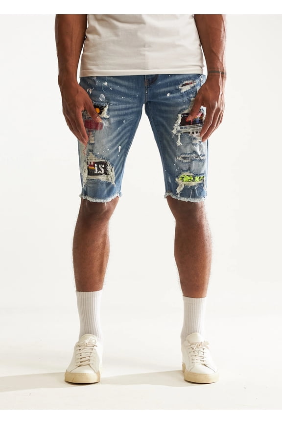 Men's Rip & Repair Patchwork Distressed Skinny Denim Jean Shorts (42, Blue Stonewashed)