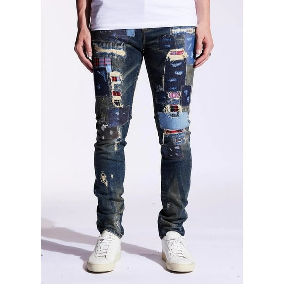 Embellish NYC Men's Rip & Repair Patchwork Distressed Skinny Fit Denim Jeans (30, Blue Patchwork)