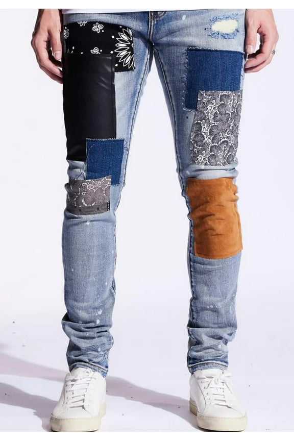 Men's Rip & Repair Patchwork Distressed Skinny Fit Denim Jeans (30, Blue Stonewash)