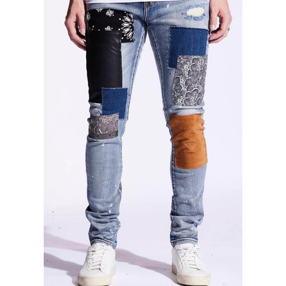 Embellish NYC Men's Rip & Repair Patchwork Distressed Skinny Fit Denim Jeans (32, Blue Stonewash)