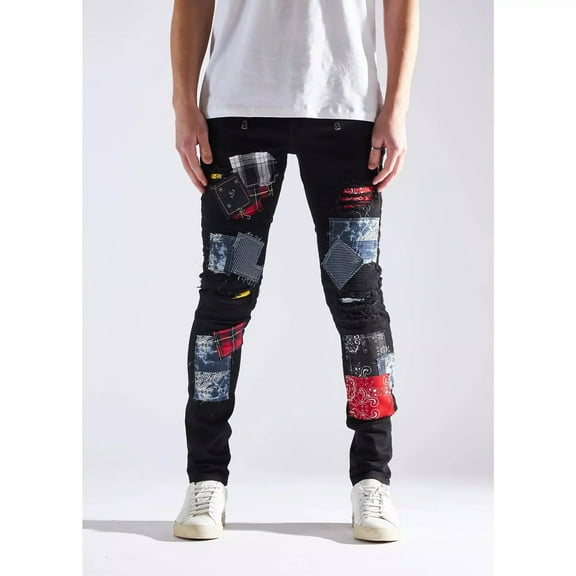 Embellish NYC Men's Rip & Repair Patchwork Distressed Skinny Fit Denim Jeans (34, Black)