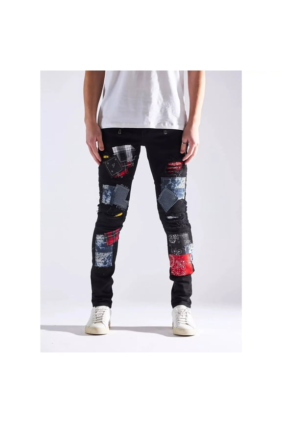 Men's Rip & Repair Patchwork Distressed Skinny Fit Denim Jeans (34, Black)