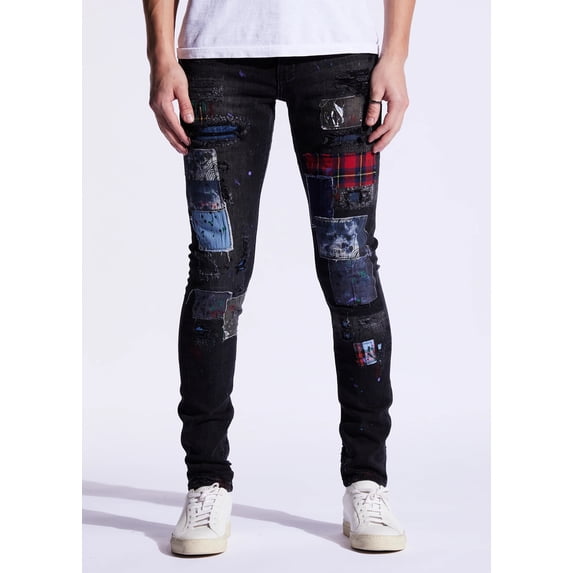 Embellish NYC Men's Rip & Repair Patchwork Distressed Skinny Fit Denim Jeans (34, Black)