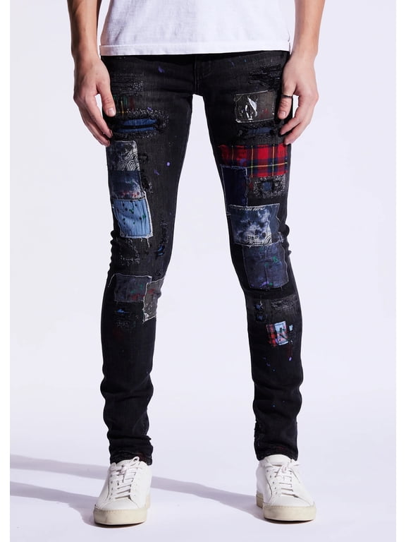 Men's Rip & Repair Patchwork Distressed Skinny Fit Denim Jeans (34, Black)