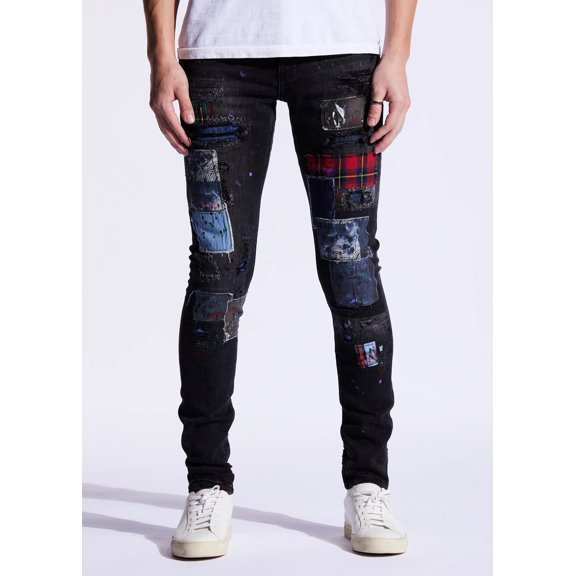 Embellish NYC Men's Rip & Repair Patchwork Distressed Skinny Fit Denim Jeans (36, Black)