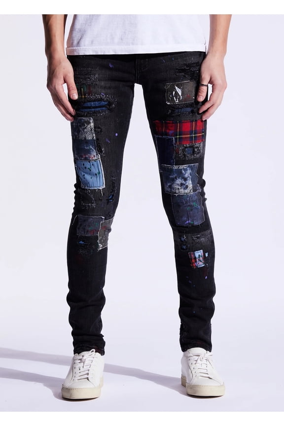 Men's Rip & Repair Patchwork Distressed Skinny Fit Denim Jeans (36, Black)