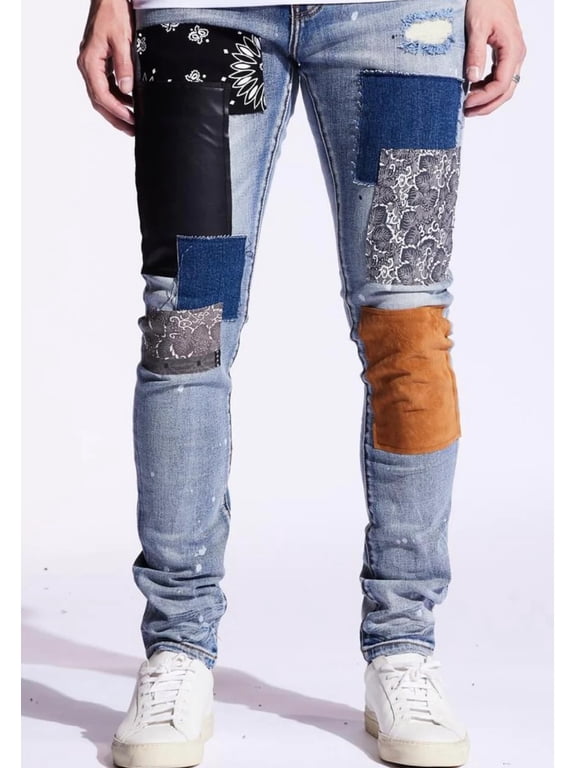 Men's Rip & Repair Patchwork Distressed Skinny Fit Denim Jeans (38, Blue Stonewash)