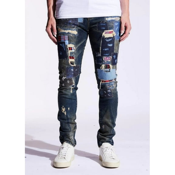 Embellish NYC Men's Rip & Repair Patchwork Distressed Skinny Fit Denim Jeans (40, Blue Patchwork)