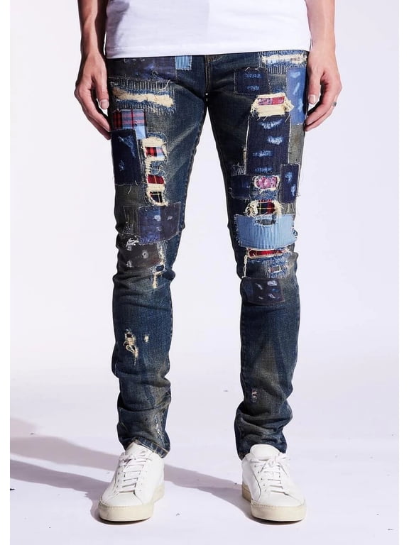Men's Rip & Repair Patchwork Distressed Skinny Fit Denim Jeans (40, Blue Patchwork)