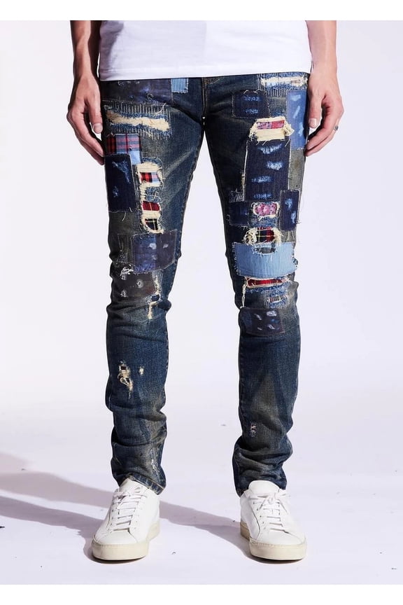Men's Rip & Repair Patchwork Distressed Skinny Fit Denim Jeans (40, Blue Patchwork)