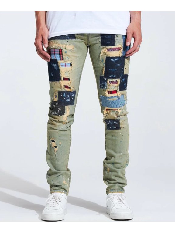 Men's Silas Rip & Repair Patchwork Distressed Skinny Fit Denim Jeans (36, Off Blue)