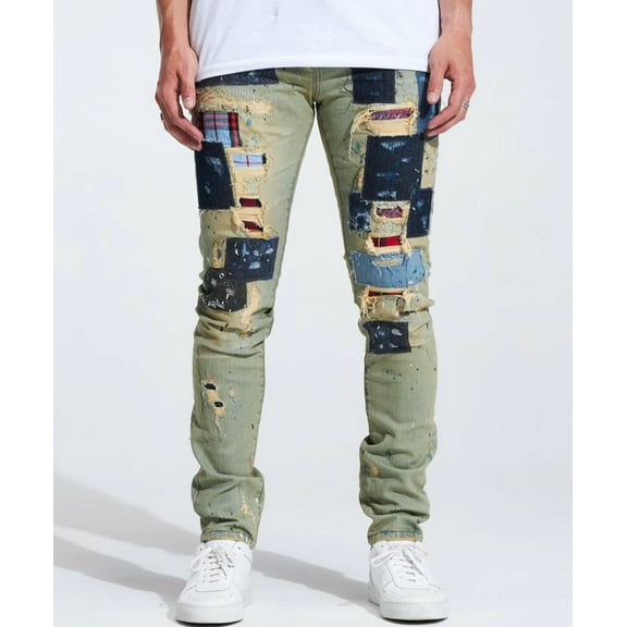 Embellish NYC Men's Silas Rip & Repair Patchwork Distressed Skinny Fit Denim Jeans (40, Off Blue)