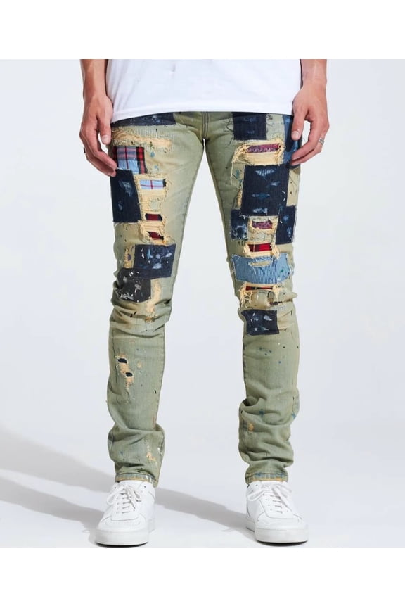 Men's Silas Rip & Repair Patchwork Distressed Skinny Fit Denim Jeans (40, Off Blue)