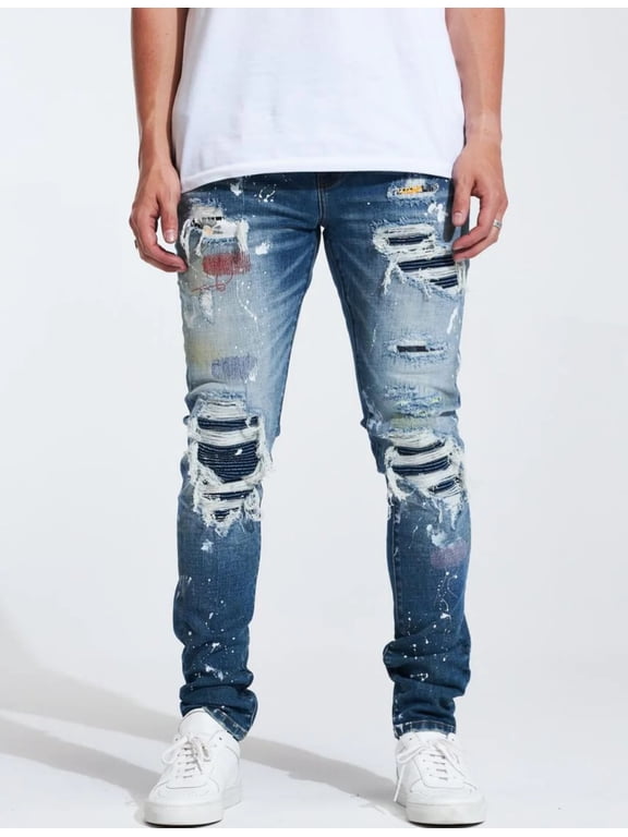 Men's Skiba Rip & Repair Patchwork Distressed Skinny Fit Denim Jeans (38, Indigo Blue)