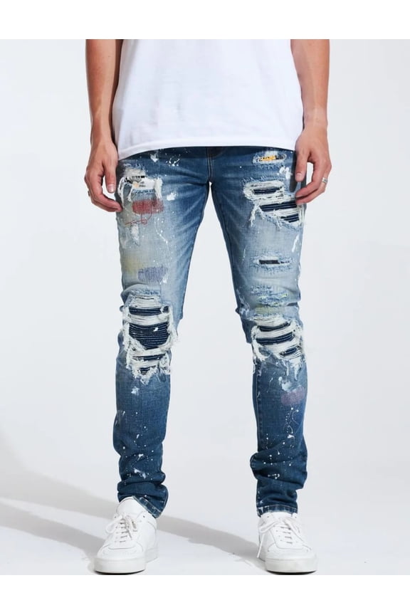 Men's Skiba Rip & Repair Patchwork Distressed Skinny Fit Denim Jeans (38, Indigo Blue)