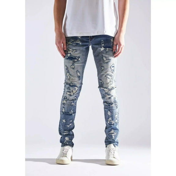 Embellish NYC Men's Thrash Destruct Rips Distressed Skinny Fit Denim Jeans (30, Indigo Blue Stonewashed)