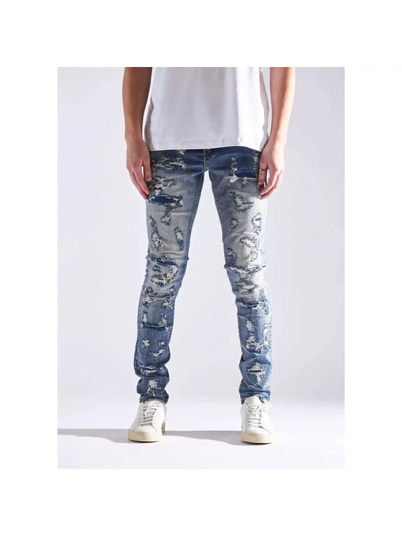 Men's Thrash Destruct Rips Distressed Skinny Fit Denim Jeans (36, Indigo Blue Stonewashed)