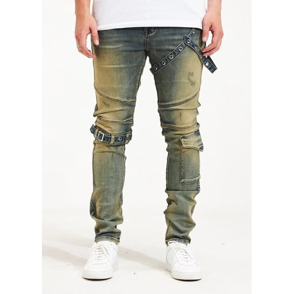 Embellish NYC Men's Topi Moto Buckle Straps Distressed Skinny Fit Denim Jeans (38, Sand)