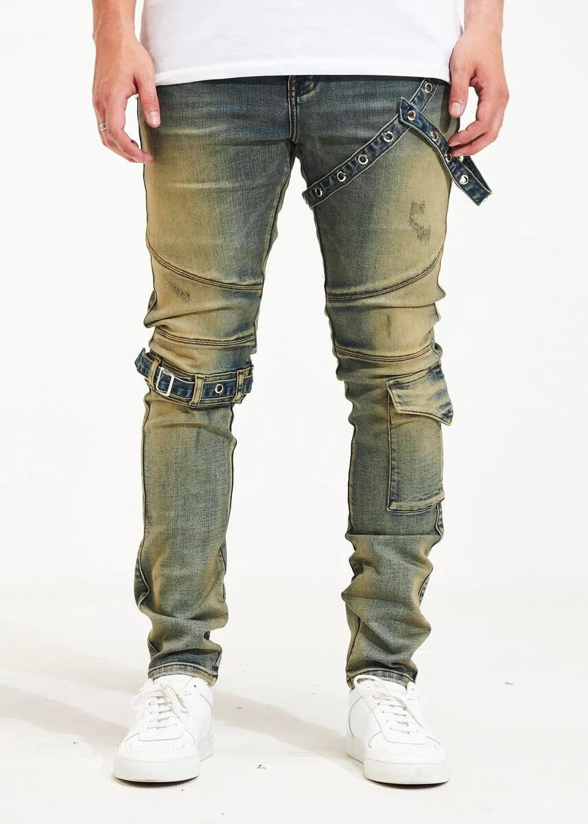 Embellish NYC Men's Topi Moto Buckle Straps Distressed Skinny Fit Denim  Jeans (40, Sand) - Walmart.com