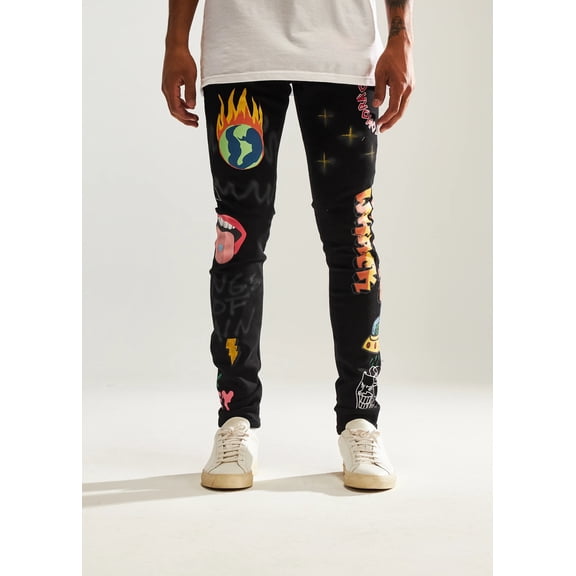 Embellish NYC Men's Urth All Over Paint Graphic Skinny Fit Black Denim Jeans (38, Black)