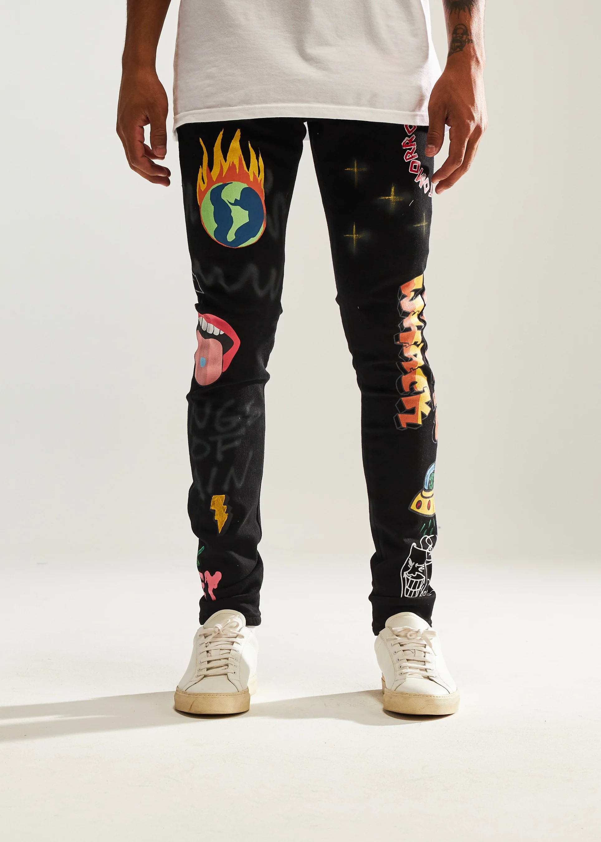Embellish White Jeans With Flames Embellish La Flame Biker Denim