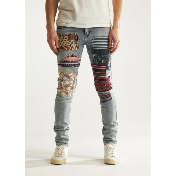 Embellish NYC Men's West Patchwork Distressed Skinny Fit Stretch Denim Jeans (28, Blue Stonewash)
