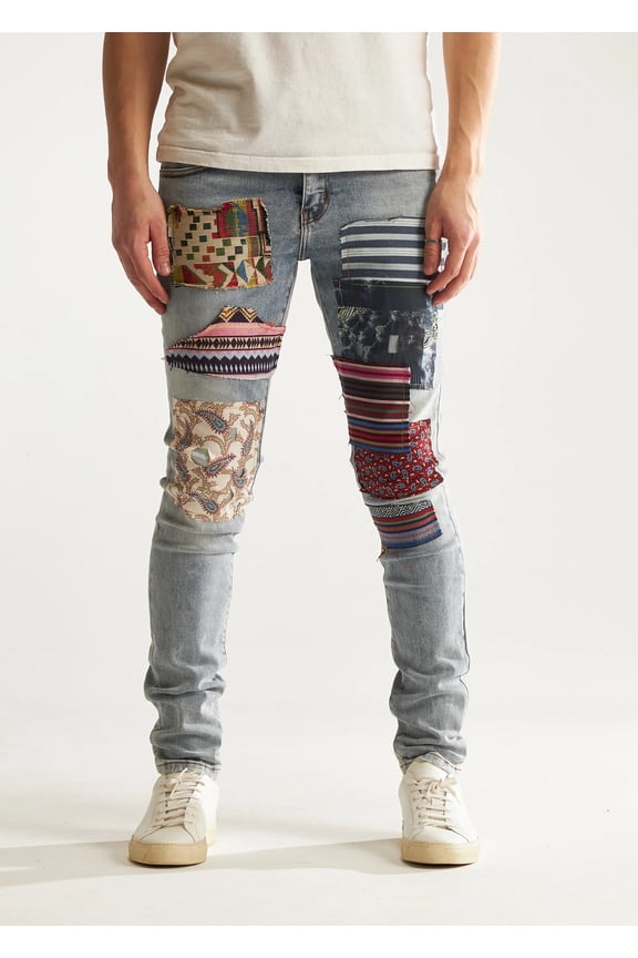 Men's West Patchwork Distressed Skinny Fit Stretch Denim Jeans (30, Blue Stonewash)