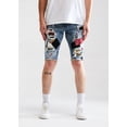thumbnail image 1 of Embellish NYC Men's Wilder Rip & Repair Patchwork Distressed Skinny Denim Shorts (34, Indigo Blue), 1 of 7
