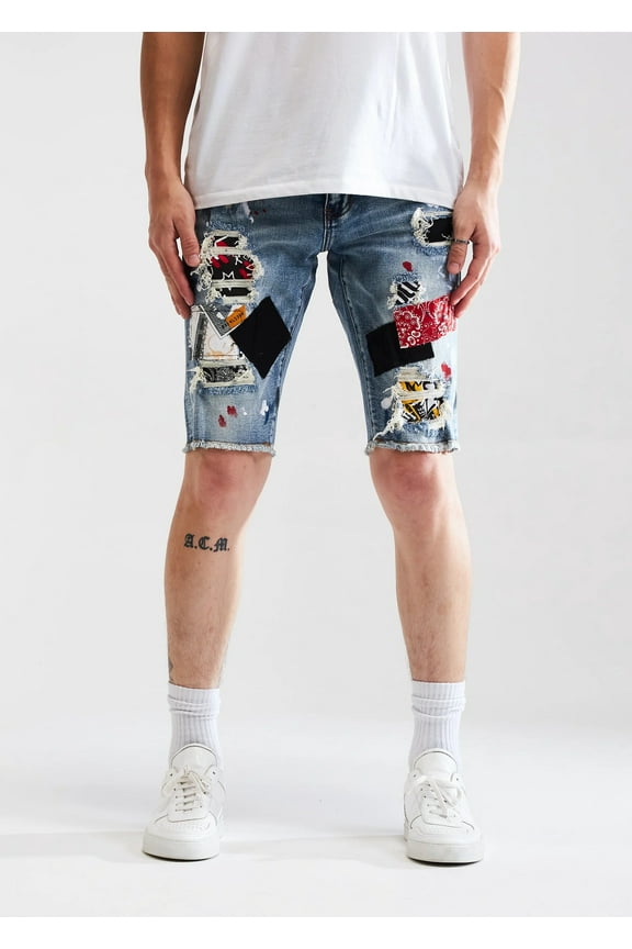 Men's Wilder Rip & Repair Patchwork Distressed Skinny Denim Shorts (34, Indigo Blue)