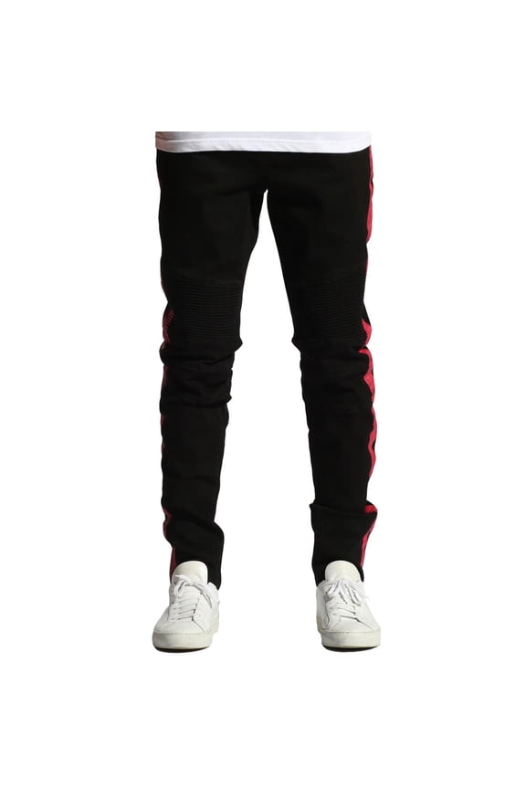 Embellish Racer Biker Denim With Red Contrast Side Stripe
