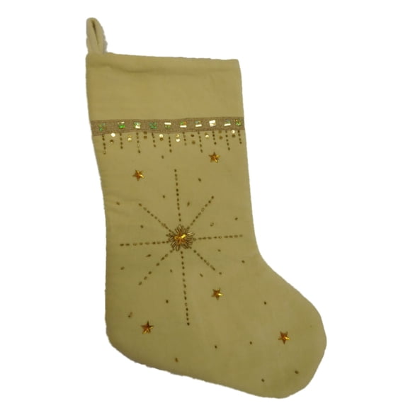 Embellished Beige & Gold Beaded Star Christmas Holiday Stocking