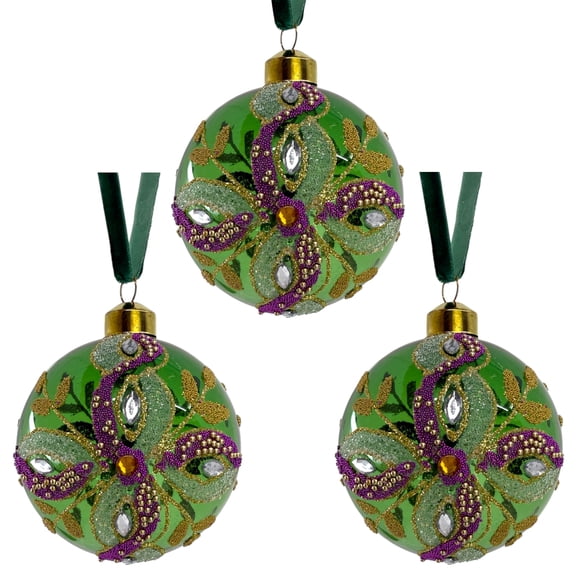 Embellished Blown Glass Ornaments - Set of 3 Beaded and Jeweled Holiday Christmas Tree Decoration, Green, Pink, Gold