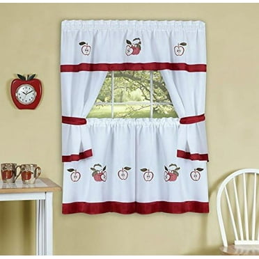 Embellished Cottage Kitchen Curtain Set With Red Apples, 58X36 Inches