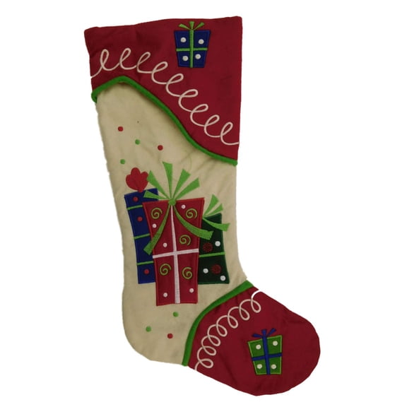 Embellished Ivory & Red Felt Wrapped Gifts Christmas Holiday Stocking