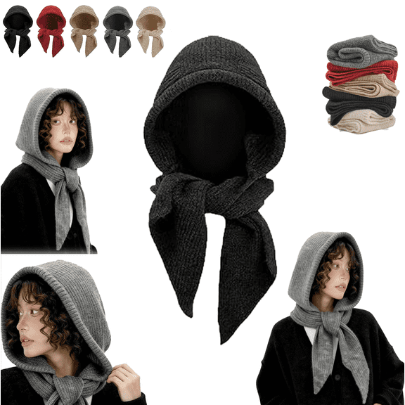 Embellished Knit Bonnet, 2-in-1 Balaclava Pullover Long Shawl Wrap, Winter Knitted Hooded Hat Scarf for Women , Hat Scarf Balaclava Warm Wrap Head Scarves Pullover Hat
