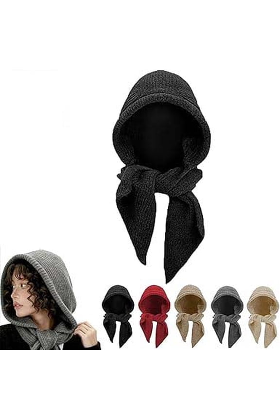 Embellished Knit Bonnet, 2-in-1 Balaclava Pullover Long Shawl Wrap, Winter Knitted Hooded Hat Scarf for Women(Black)