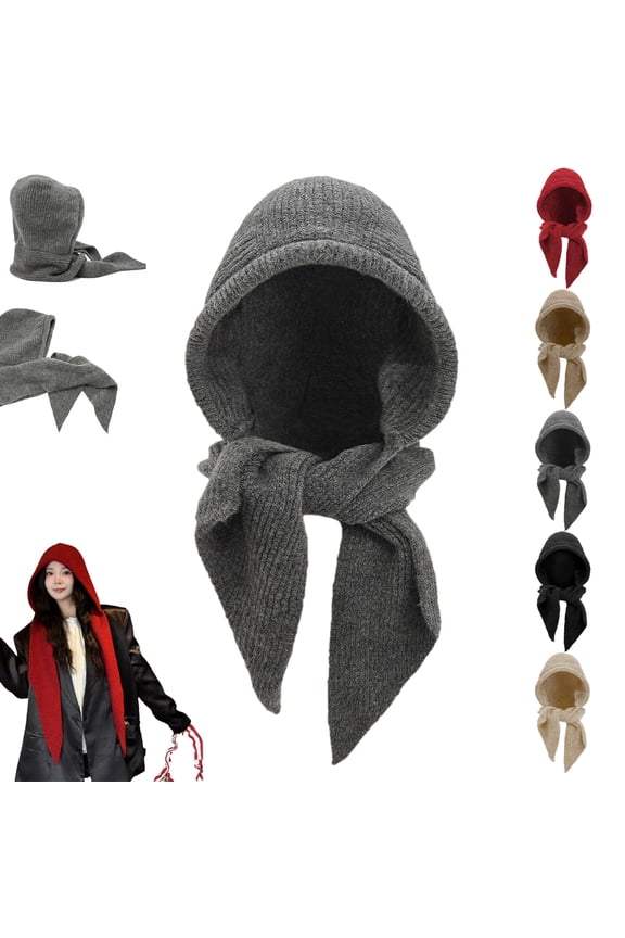 Embellished Knit Bonnet, 2-in-1 Women Winter Knitted Hooded Hat Scarf, Balaclava Warm Pullover Long Shawl Hat