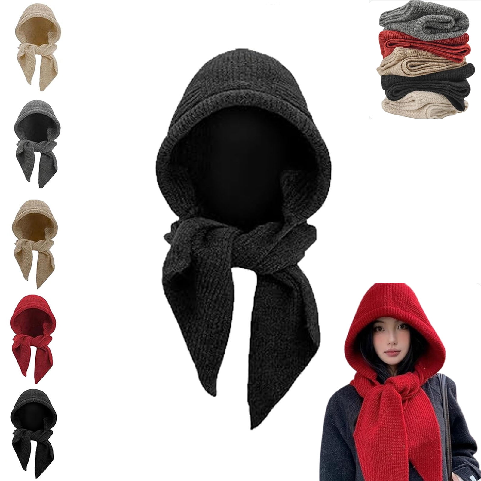 Embellished Knit Bonnet, 2-in-1 Women Winter Knitted Hooded Hat Scarf, Winter Knitted Hooded Hat Scarf for Women, Versatile Balaclava Pullover Long Shawl Wrap