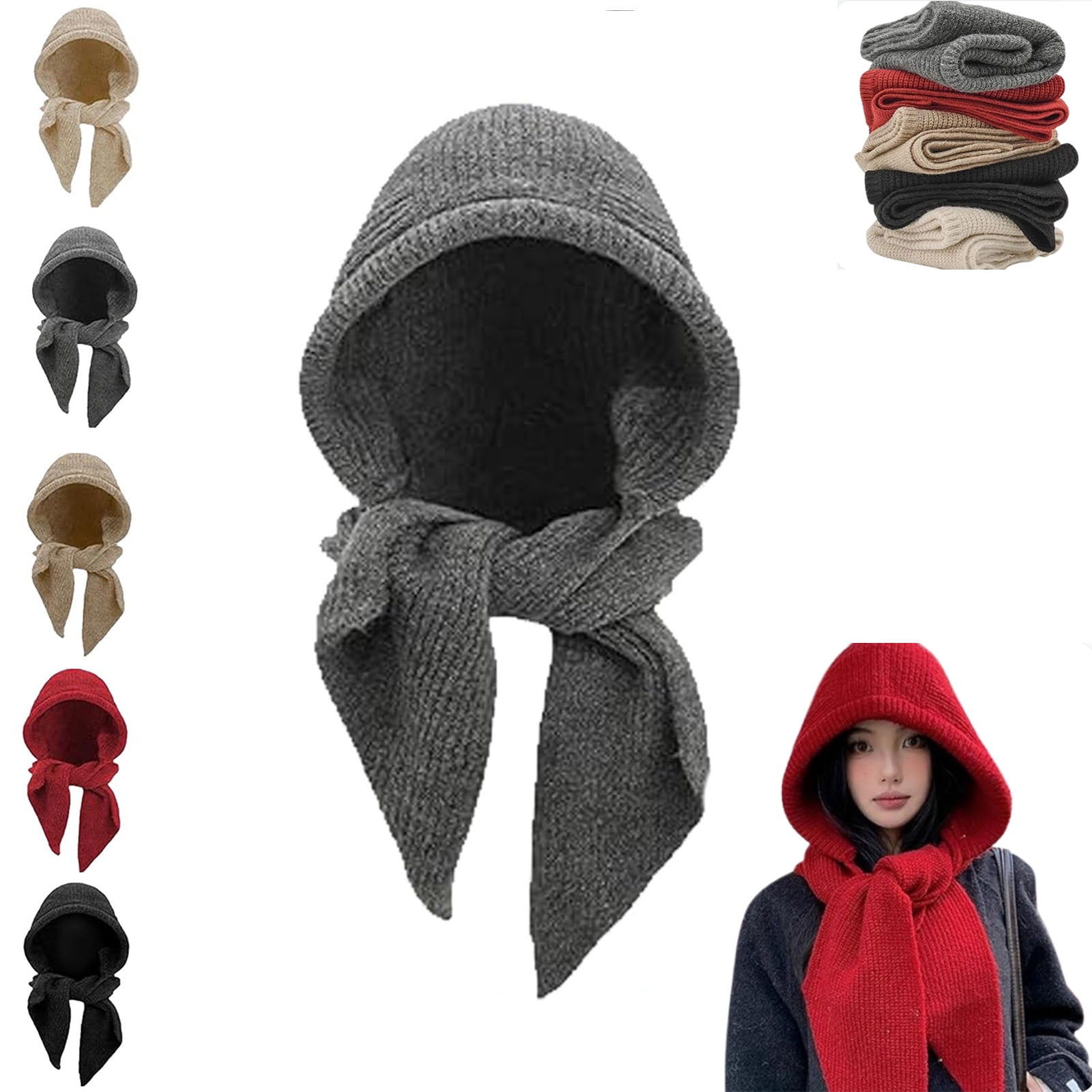 Embellished Knit Bonnet, 2-in-1 Women Winter Knitted Hooded Hat Scarf, Winter Knitted Hooded Hat Scarf for Women, Versatile Balaclava Pullover Long Shawl Wrap