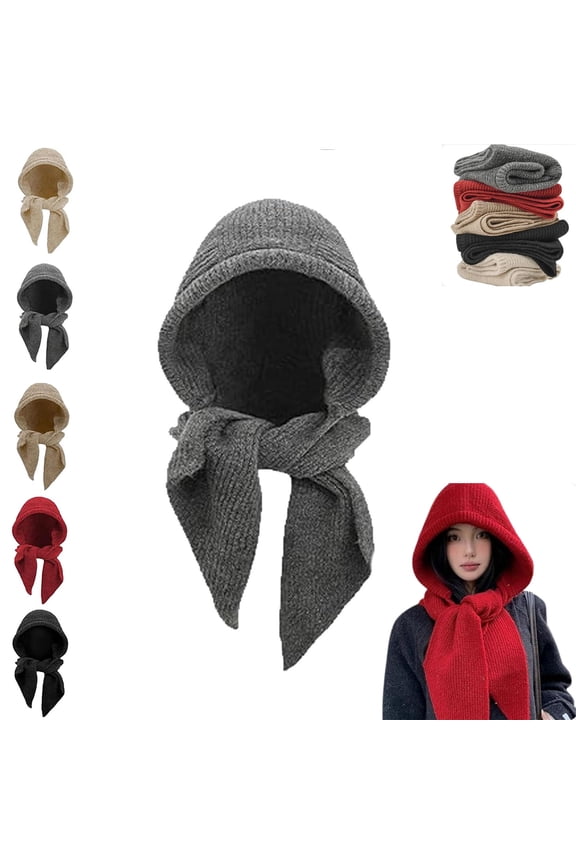 Embellished Knit Bonnet, 2-in-1 Women Winter Knitted Hooded Hat Scarf, Winter Knitted Hooded Hat Scarf for Women, Versatile Balaclava Pullover Long Shawl Wrap