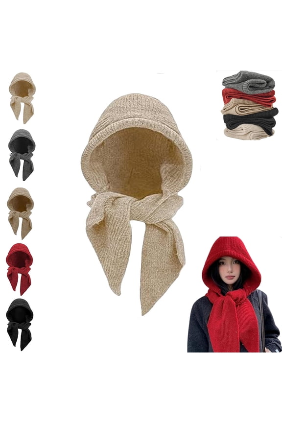 Embellished Knit Bonnet, 2-in-1 Women Winter Knitted Hooded Hat Scarf, Winter Knitted Hooded Hat Scarf for Women, Versatile Balaclava Pullover Long Shawl Wrap