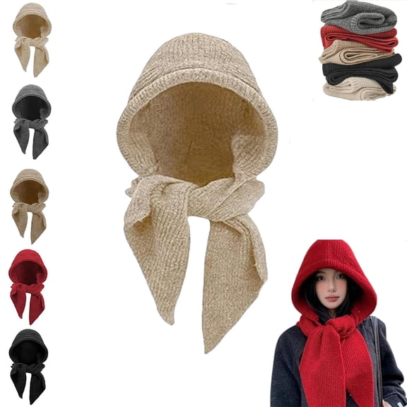 Embellished Knit Bonnet, 2-in-1 Women Winter Knitted Hooded Hat Scarf, Winter Knitted Hooded Hat Scarf for Women, Versatile Balaclava Pullover Long Shawl Wrap
