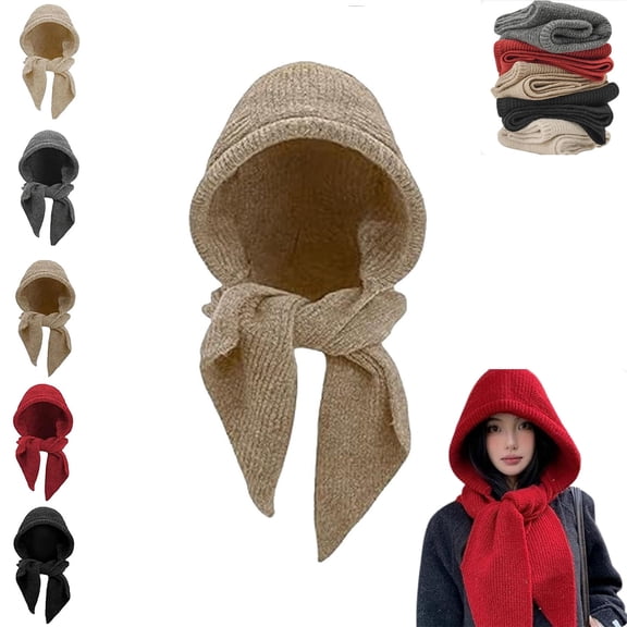 Embellished Knit Bonnet, 2-in-1 Women Winter Knitted Hooded Hat Scarf, Winter Knitted Hooded Hat Scarf for Women, Versatile Balaclava Pullover Long Shawl Wrap