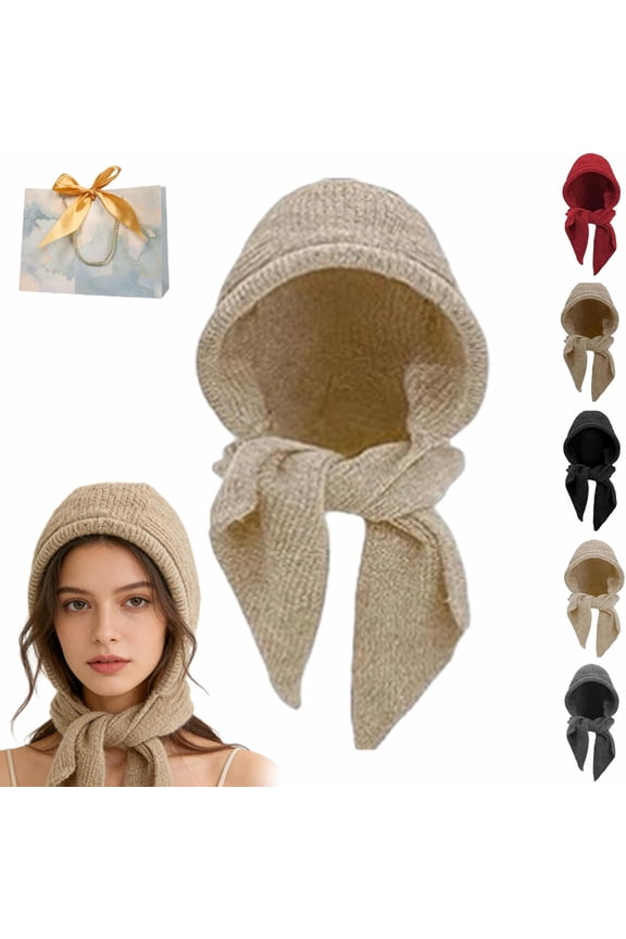Embellished Knit Bonnet, Winter Knitted Hooded Hat Scarf, 2-in-1 Long Shawl Wrap for Women