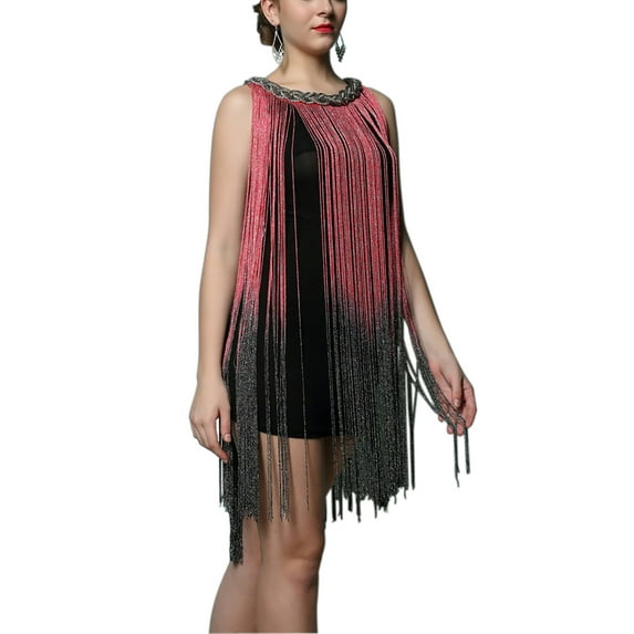 Embellished Neck 1920s Fringe Tassel Charleston Tango Dance Dress Red/black