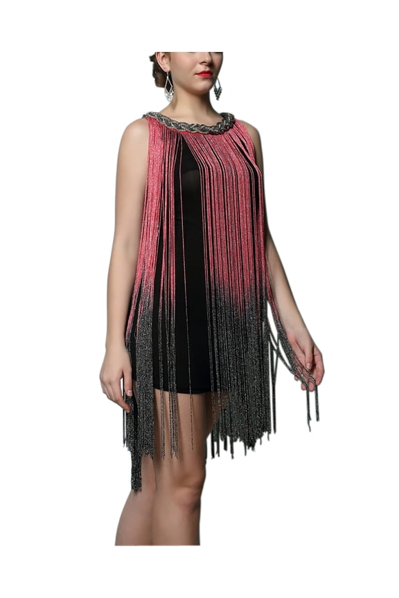 Embellished Neck 1920s Fringe Tassel Charleston Tango Dance Dress Red/black